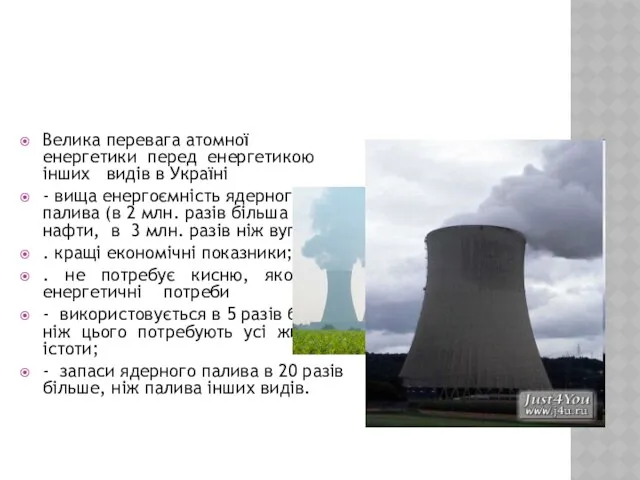 Велика перевага атомної енергетики перед енергетикою інших видів в Україні - вища енергоємність