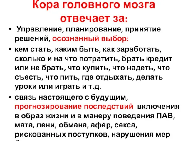 Кора головного мозга отвечает за: Управление, планирование, принятие решений, осознанный