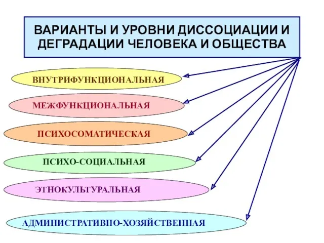 ВАРИАНТЫ И УРОВНИ ДИССОЦИАЦИИ И ДЕГРАДАЦИИ ЧЕЛОВЕКА И ОБЩЕСТВА МЕЖФУНКЦИОНАЛЬНАЯ ВНУТРИФУНКЦИОНАЛЬНАЯ ПСИХОСОМАТИЧЕСКАЯ ПСИХО-СОЦИАЛЬНАЯ ЭТНОКУЛЬТУРАЛЬНАЯ АДМИНИСТРАТИВНО-ХОЗЯЙСТВЕННАЯ