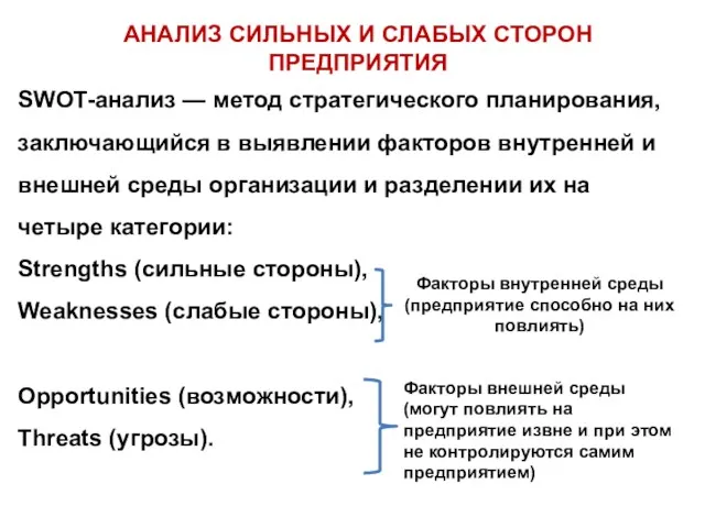 SWOT-анализ — метод стратегического планирования, заключающийся в выявлении факторов внутренней