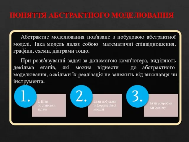 ПОНЯТТЯ АБСТРАКТНОГО МОДЕЛЮВАННЯ Абстрактне моделювання пов'язане з побудовою абстрактної моделі. Така модель являє