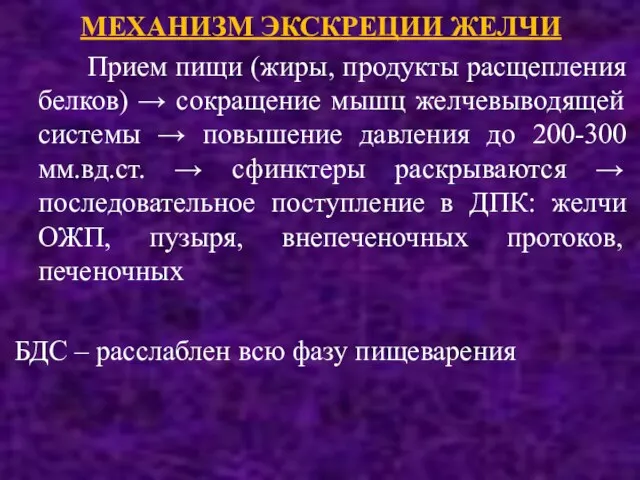 МЕХАНИЗМ ЭКСКРЕЦИИ ЖЕЛЧИ Прием пищи (жиры, продукты расщепления белков) →