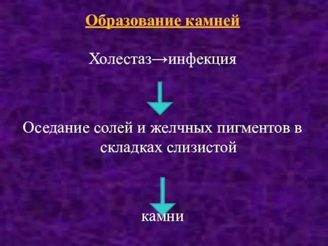 Образование камней Холестаз→инфекция Оседание солей и желчных пигментов в складках слизистой камни