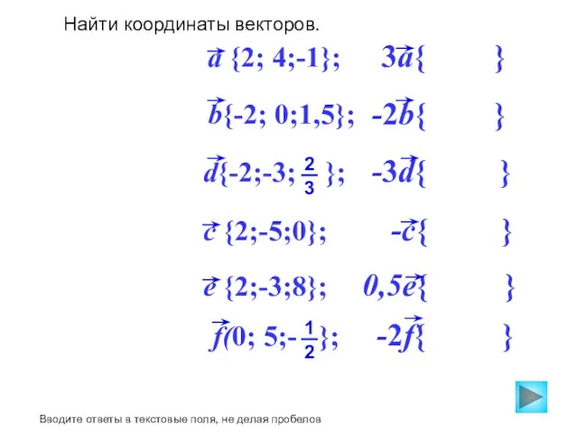 -2f{ } -c{ } -3d{ } Найти координаты векторов. Вводите ответы в текстовые