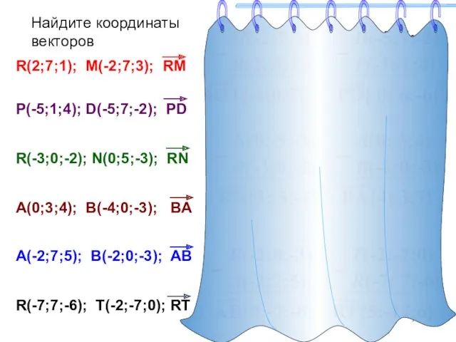 Найдите координаты векторов R(2; 7;1) M(-2;7;3) R(2;7;1); M(-2;7;3); RM P(-5;1;4); D(-5;7;-2); PD P(-5;