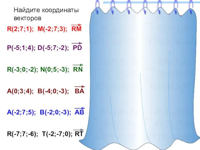 Найдите координаты векторов R(2; 7;1) M(-2;7;3) R(2;7;1); M(-2;7;3); RM P(-5;1;4);