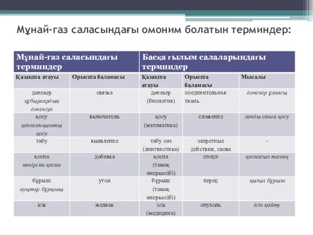 Мұнай-газ саласындағы омоним болатын терминдер: