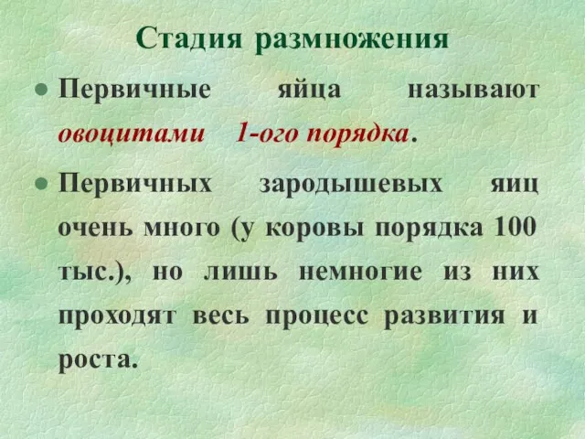 Стадия размножения Первичные яйца называют овоцитами 1-ого порядка. Первичных зародышевых яиц очень много