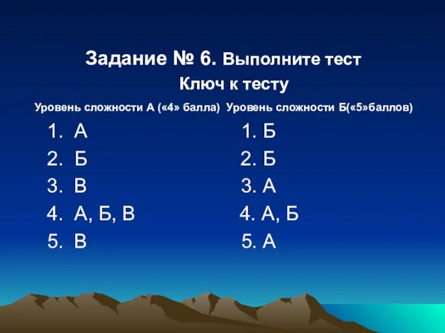 Задание № 6. Выполните тест Ключ к тесту Уровень сложности