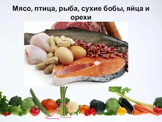 Мясо, птица, рыба, сухие бобы, яйца и орехи