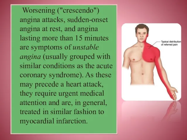 Worsening ("crescendo") angina attacks, sudden-onset angina at rest, and angina