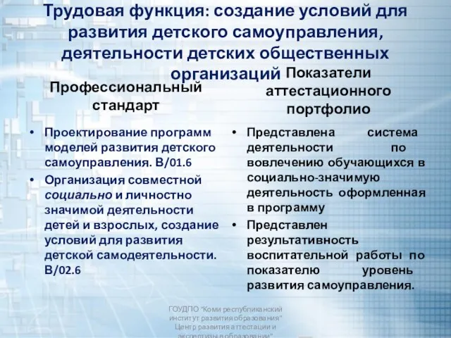 Трудовая функция: создание условий для развития детского самоуправления, деятельности детских