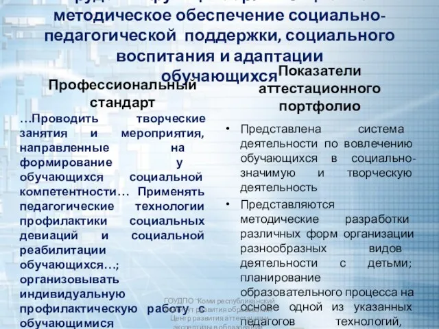 Трудовая функция: организационно-методическое обеспечение социально-педагогической поддержки, социального воспитания и адаптации