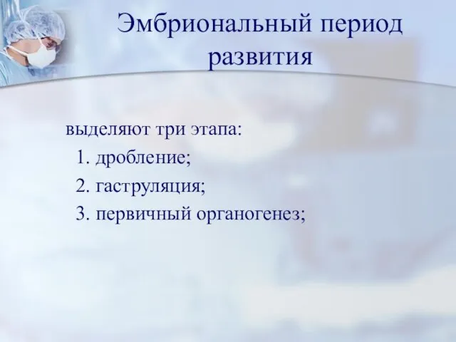 Эмбриональный период развития выделяют три этапа: 1. дробление; 2. гаструляция; 3. первичный органогенез;