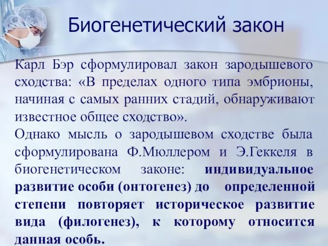 Биогенетический закон Карл Бэр сформулировал закон зародышевого сходства: «В пределах одного типа эмбрионы,