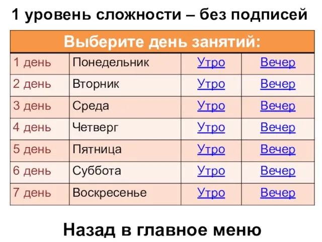 1 уровень сложности – без подписей Назад в главное меню