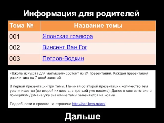 Информация для родителей Дальше «Школа искусств для малышей» состоит из