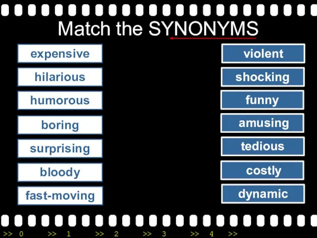 Match the SYNONYMS expensive hilarious humorous boring surprising bloody amusing