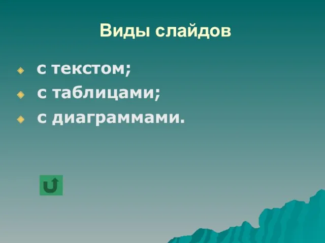 Виды слайдов с текстом; с таблицами; с диаграммами.