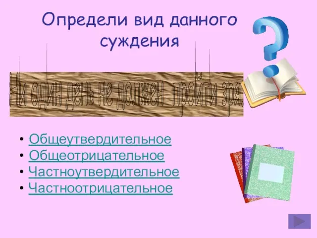 Определи вид данного суждения Общеутвердительное Общеотрицательное Частноутвердительное Частноотрицательное Ни один день не должен пройти зря.