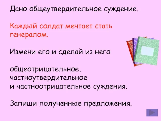 Дано общеутвердительное суждение. Каждый солдат мечтает стать генералом. Измени его