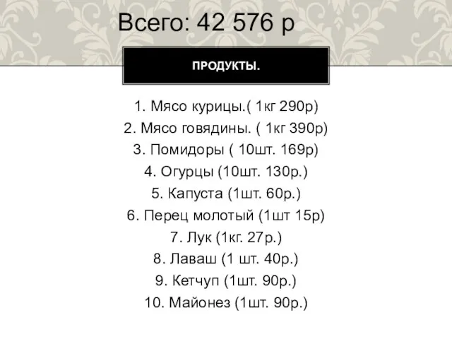 1. Мясо курицы.( 1кг 290р) 2. Мясо говядины. ( 1кг