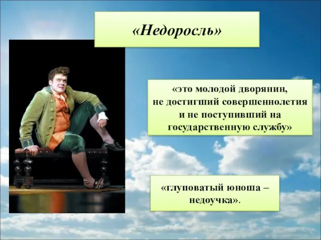 «глуповатый юноша – недоучка». «это молодой дворянин, не достигший совершеннолетия