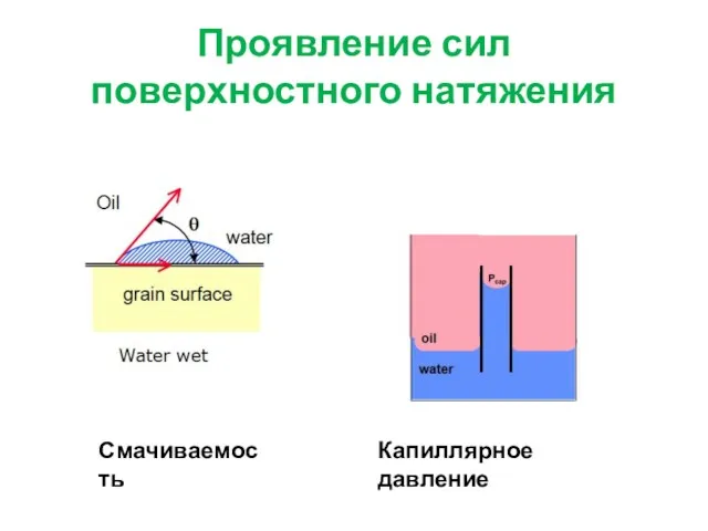 Проявление сил поверхностного натяжения Смачиваемость Капиллярное давление