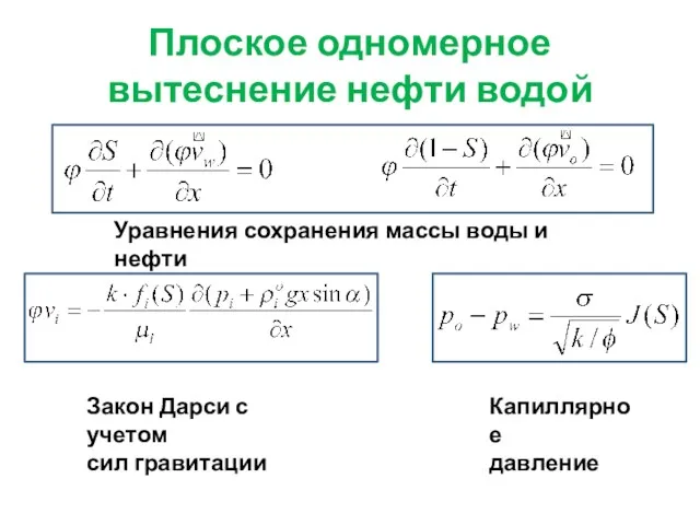 Плоское одномерное вытеснение нефти водой Уравнения сохранения массы воды и