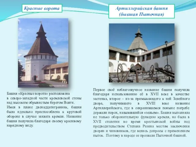 Красные ворота Башня «Красные ворота» расположена в северо-западной части кремлевской стены над высоким