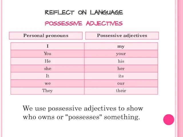 reflect on language possessive adjectives We use possessive adjectives to show who owns or "possesses" something.