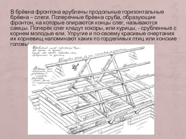 В брёвна фронтона врублены продольные горизонтальные брёвна – слеги. Поперечные