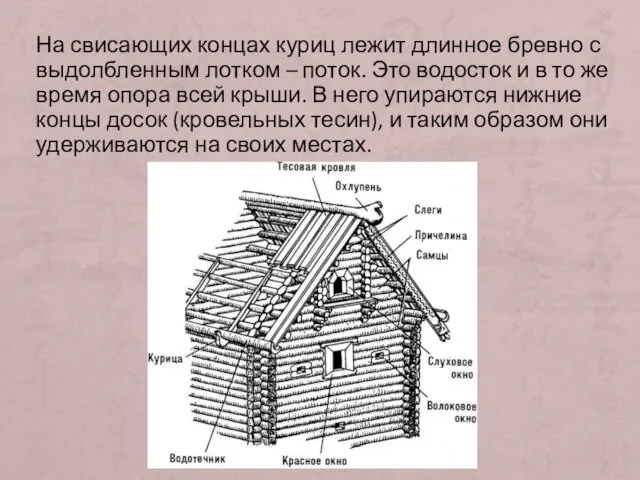 На свисающих концах куриц лежит длинное бревно с выдолбленным лотком