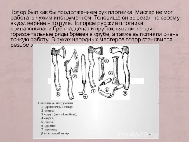 Топор был как бы продолжением рук плотника. Мастер не мог