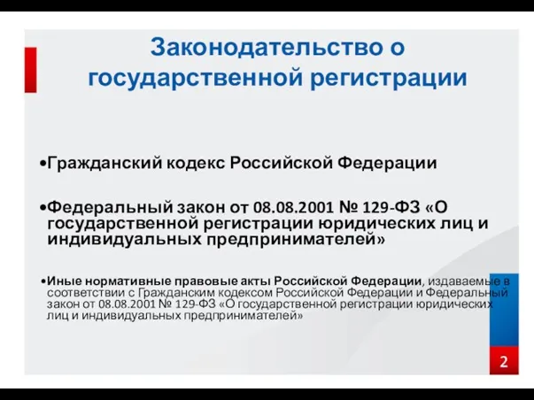 Законодательство о государственной регистрации Гражданский кодекс Российской Федерации Федеральный закон