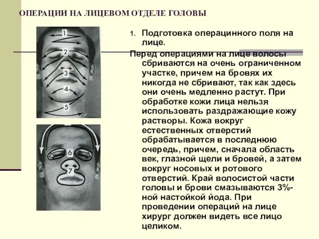 ОПЕРАЦИИ НА ЛИЦЕВОМ ОТДЕЛЕ ГОЛОВЫ 1. Подготовка операцинного поля на лице. Перед операциями