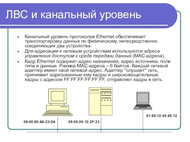 ЛВС и канальный уровень Канальный уровень протоколов Ethernet обеспечивает транспортировку