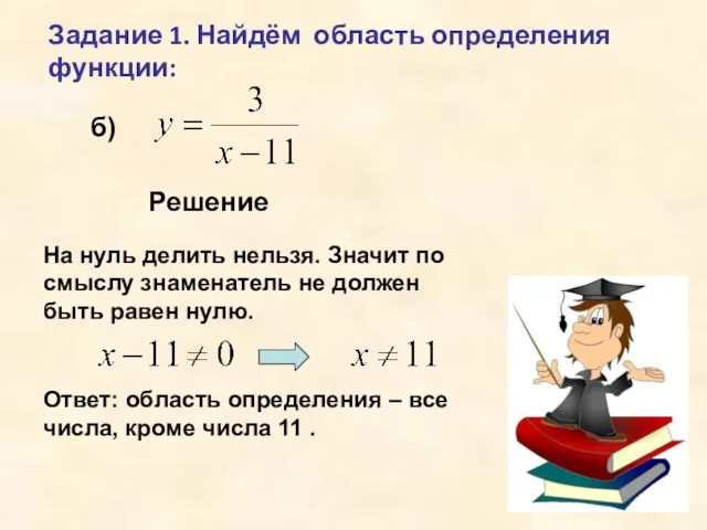 Задание 1. Найдём область определения функции: б) Решение На нуль делить нельзя. Значит