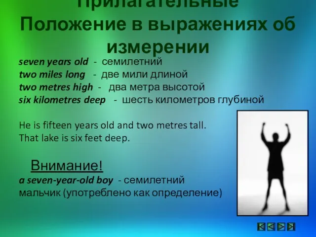 Прилагательные Положение в выражениях об измерении seven years old -