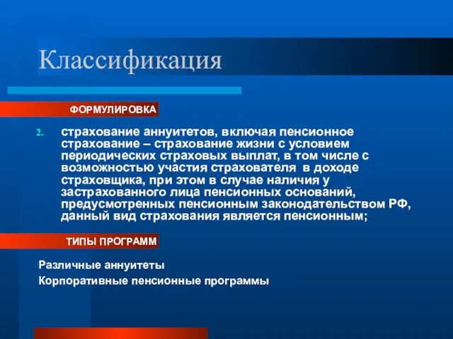 Классификация страхование аннуитетов, включая пенсионное страхование – страхование жизни с