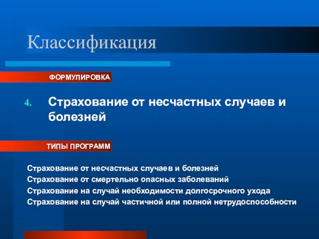 Классификация Страхование от несчастных случаев и болезней ФОРМУЛИРОВКА ТИПЫ ПРОГРАММ