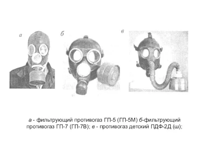 а - фильтрующий противогаз ГП-5 (ГП-5М) б-фильтрующий противогаз ГП-7 (ГП-7В); в - противогаз детский ПДФ-2Д (ш);