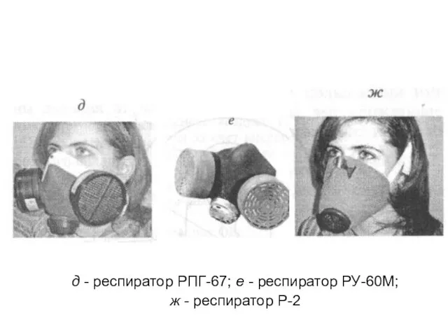 д - респиратор РПГ-67; е - респиратор РУ-60М; ж - респиратор Р-2