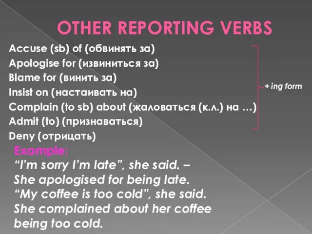 OTHER REPORTING VERBS Accuse (sb) of (обвинять за) Apologise for