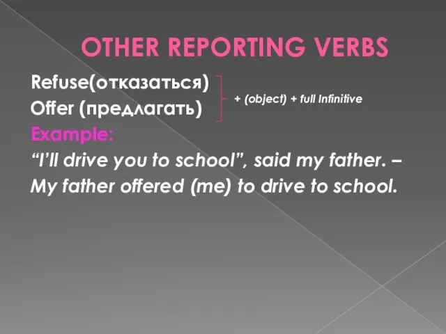 OTHER REPORTING VERBS Refuse(отказаться) Offer (предлагать) Example: “I’ll drive you