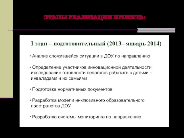 ЭТАПЫ РЕАЛИЗАЦИИ ПРОЕКТА: I этап – подготовительный (2013– январь 2014)