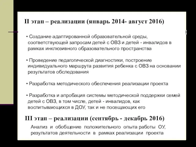 II этап – реализации (январь 2014- август 2016) Создание адаптированной