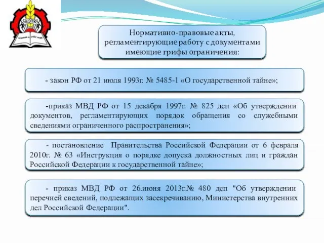 Нормативно-правовые акты, регламентирующие работу с документами имеющие грифы ограничения: -