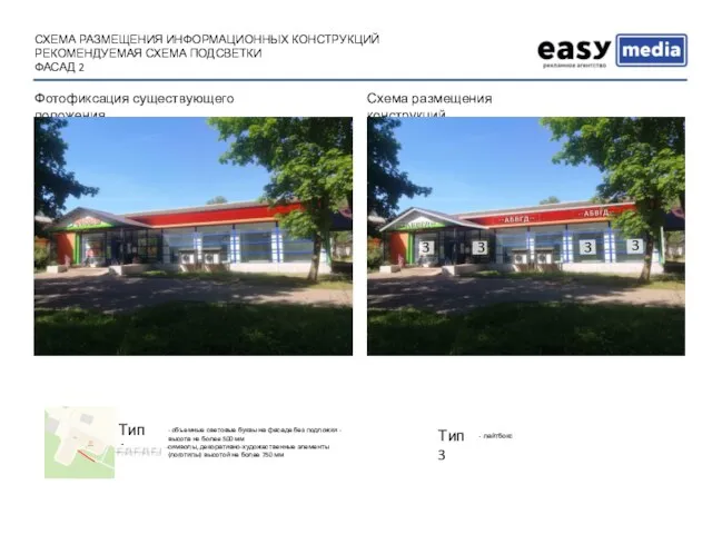 СХЕМА РАЗМЕЩЕНИЯ ИНФОРМАЦИОННЫХ КОНСТРУКЦИЙ РЕКОМЕНДУЕМАЯ СХЕМА ПОДСВЕТКИ ФАСАД 2 -