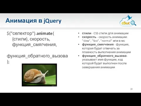 Анимация в jQuery $("селектор").animate( {стили}, скорость, функция_смягчения, функция_обратного_вызова ); стили - CSS стили